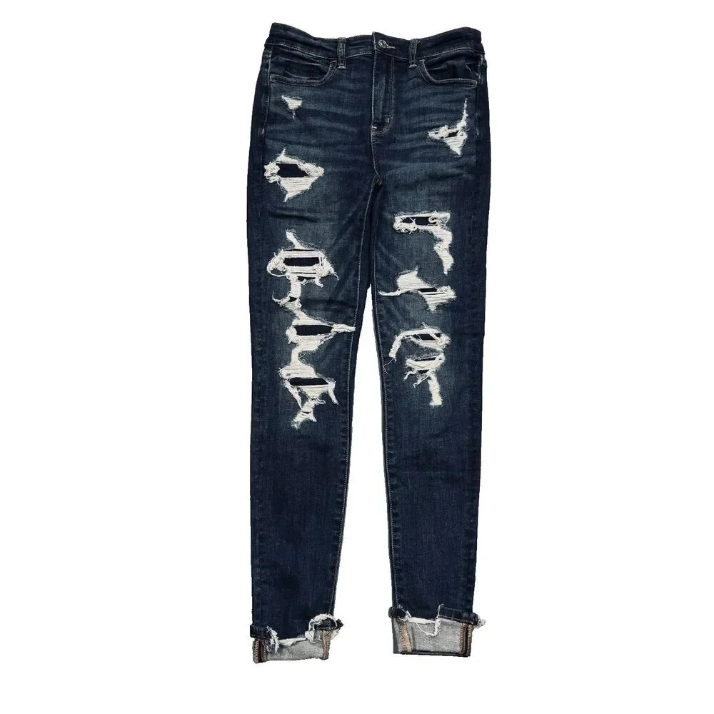 American Eagle Super Hi Rise Jegging Jeans 4 (28x27) Blue Distressed Patch Women